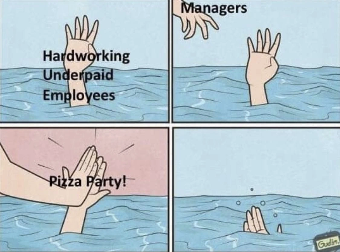 Corporate solutions: high-fiving a drowning employee with pizza