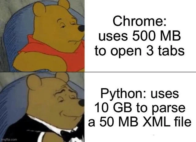Chrome hogs 500 MB, Python demolishes 10 GB parsing one XML file