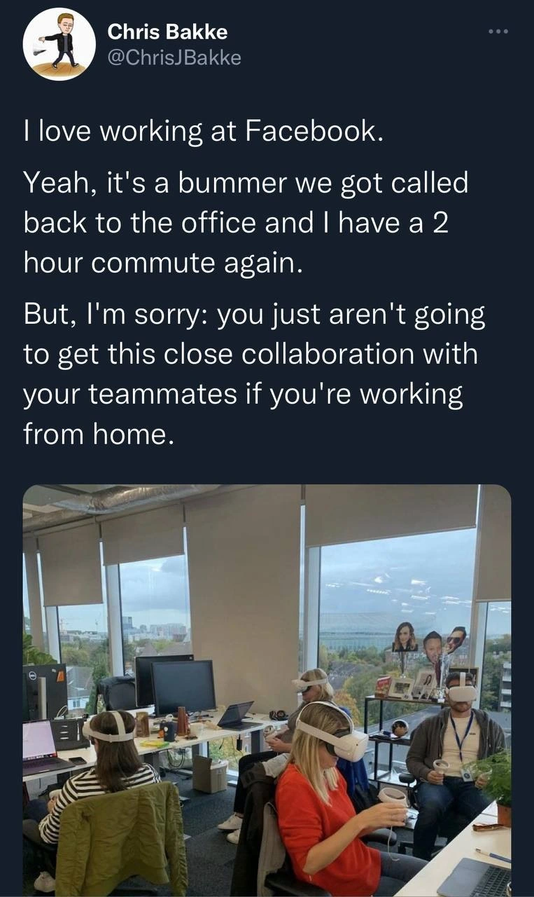 What close collaboration looks like after a two-hour commute and mandated VR goggles