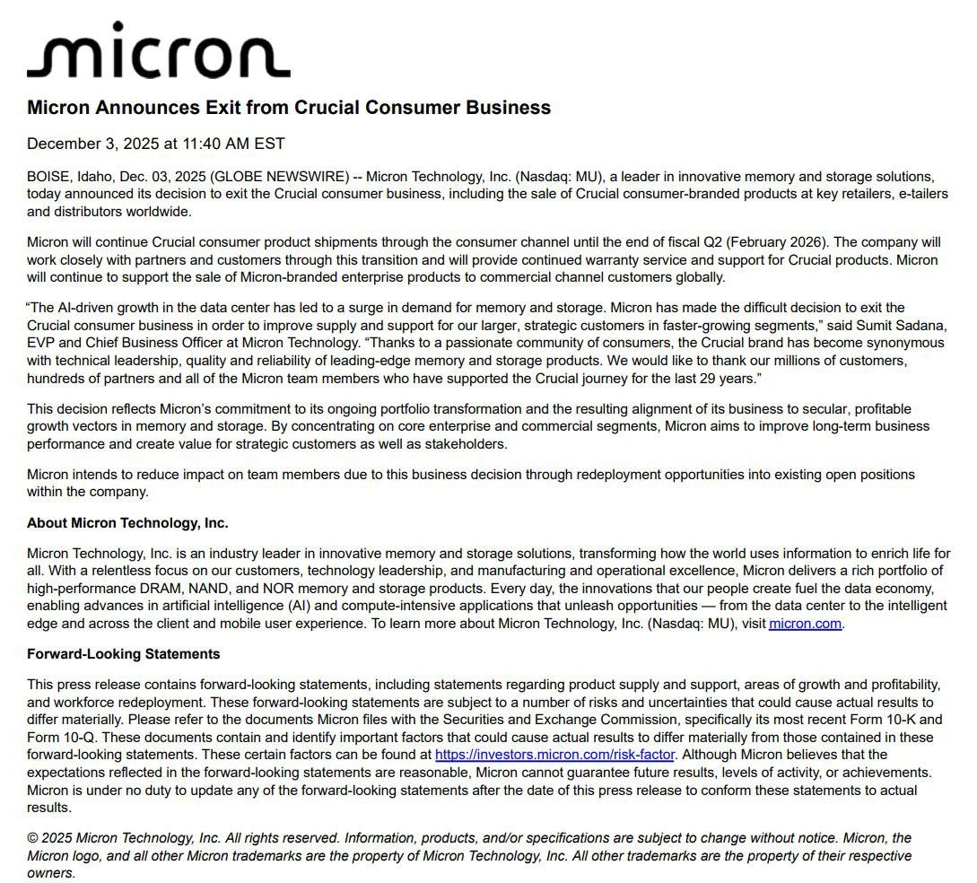 Micron Announces Exit from Crucial Consumer Business to Focus on Data Center