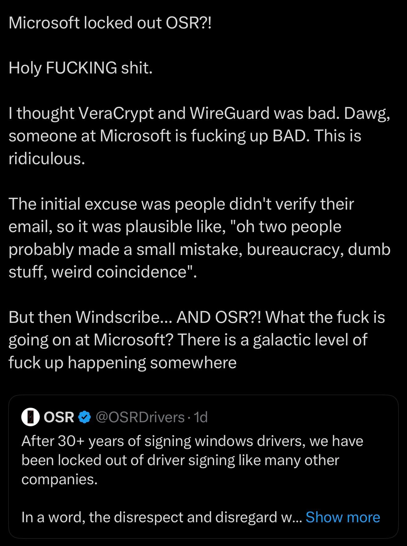 Microsoft Locks OSR Out of Driver Signing After VeraCrypt, WireGuard, Windscribe