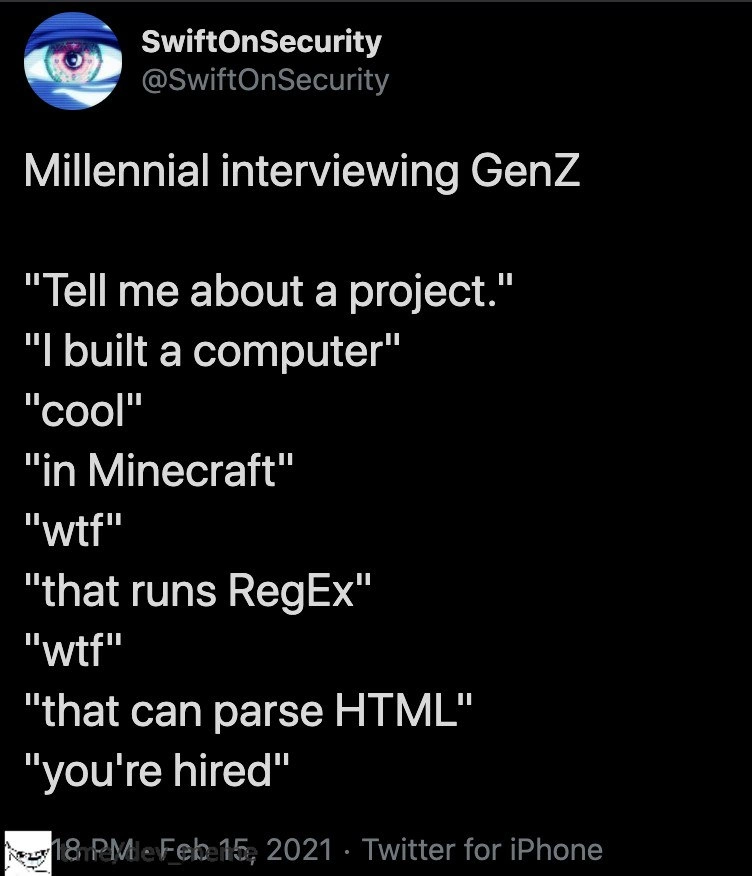 Millennial interviewer blown away by Gen Z’s Minecraft computer that parses HTML