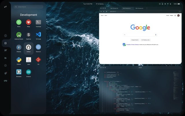 Google up top, Atom below: a developer’s polished multi-window coding ritual