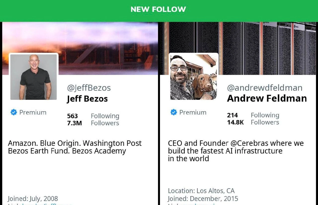 New Follow: Jeff Bezos Follows Cerebras CEO Andrew Feldman