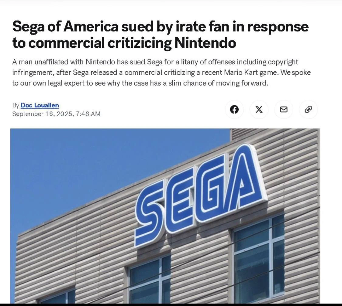 Sega Sued by Nintendo Fan Over Commercial Criticizing Mario Kart