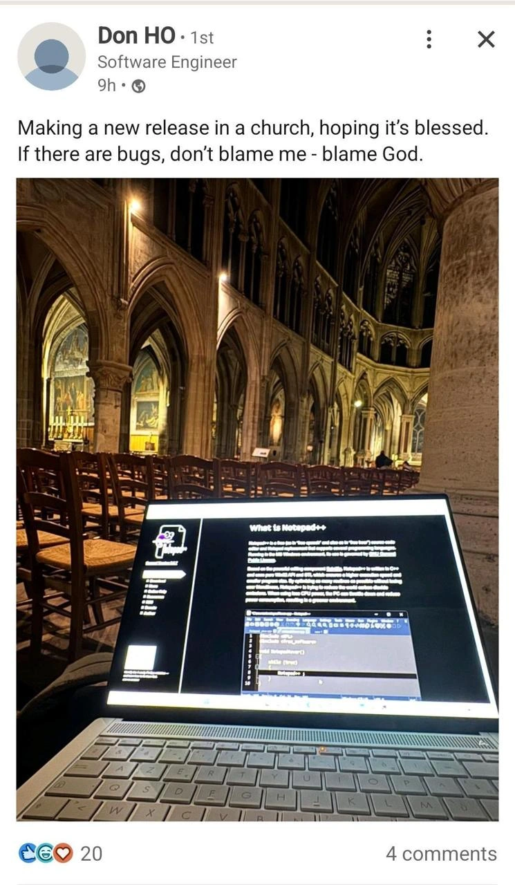 Notepad++ Creator Deploys New Release From Inside a Church for Divine Blessing