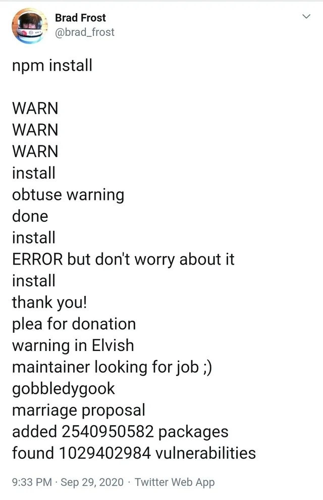 A Completely Normal 'npm install' Log