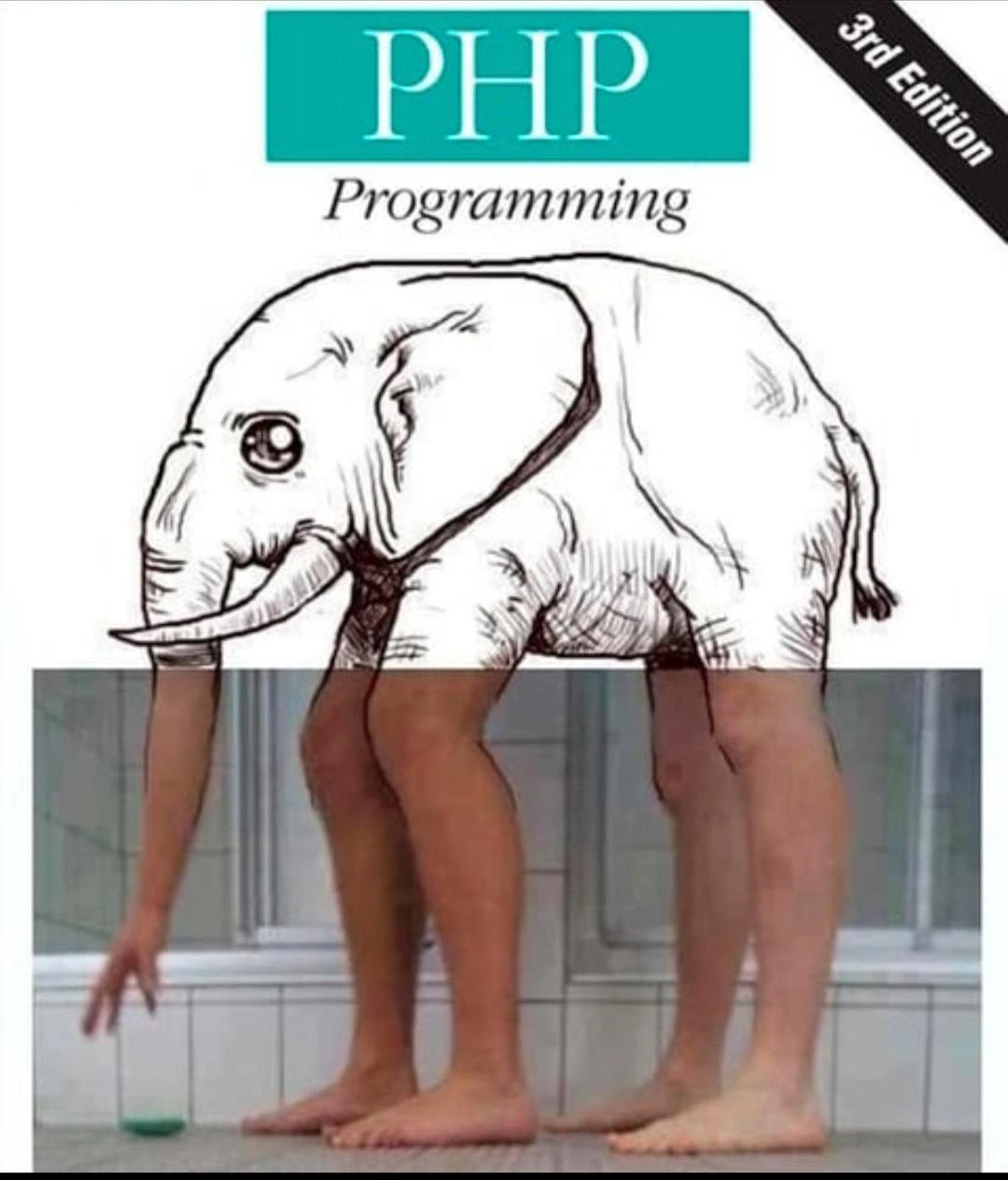 O’Reilly-style PHP book with elephant sporting human limbs mocks language quirks