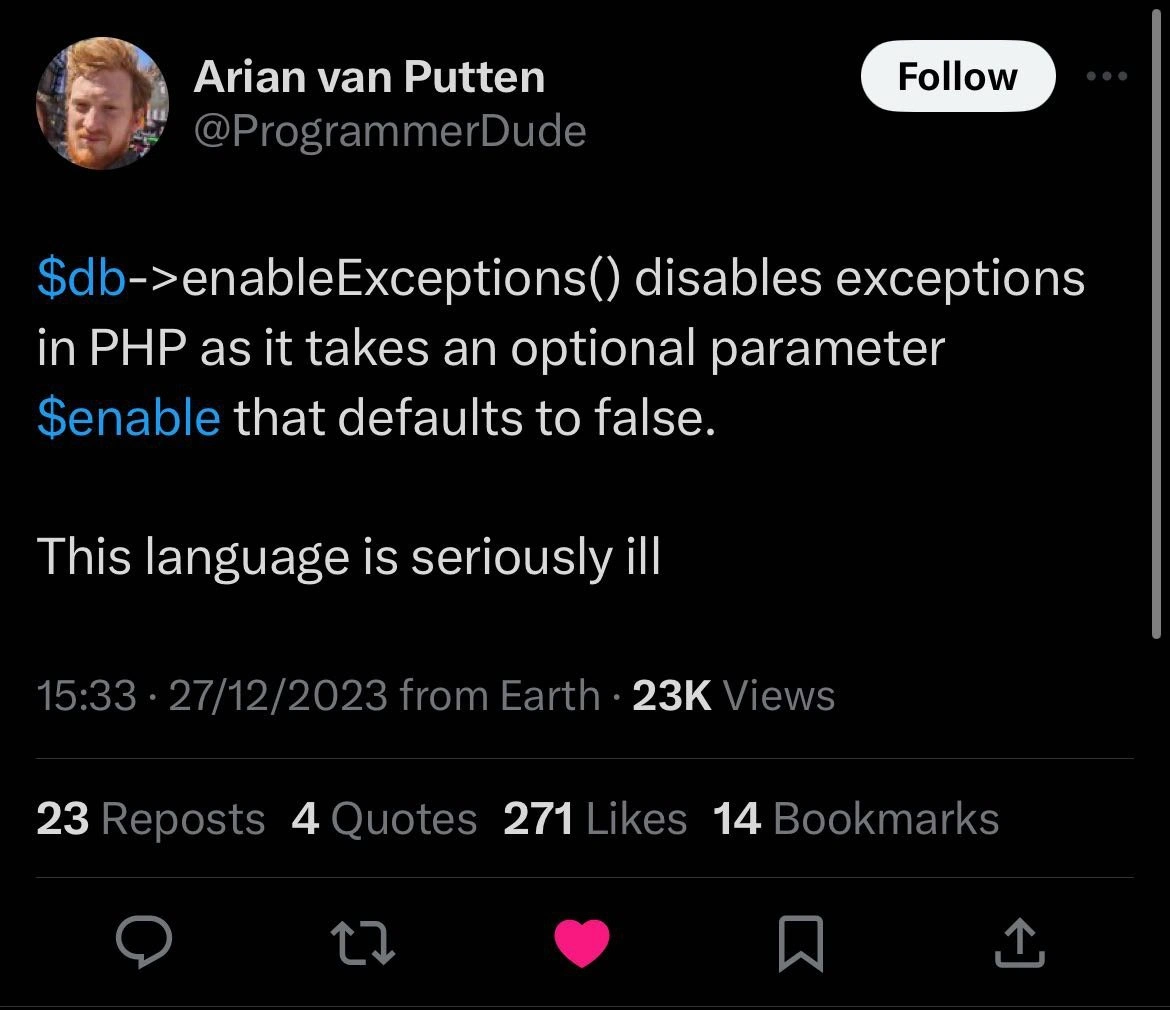 When enableExceptions(false) actually silences them - PHP strikes again