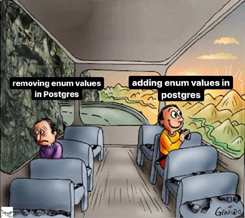 Postgres ENUM management: sunny adding versus gloomy removing on the bus ride