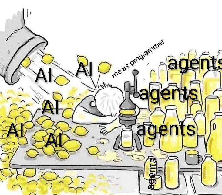Programmer Being Pelted With AI Lemons While Producing Agent Lemonade Bottles