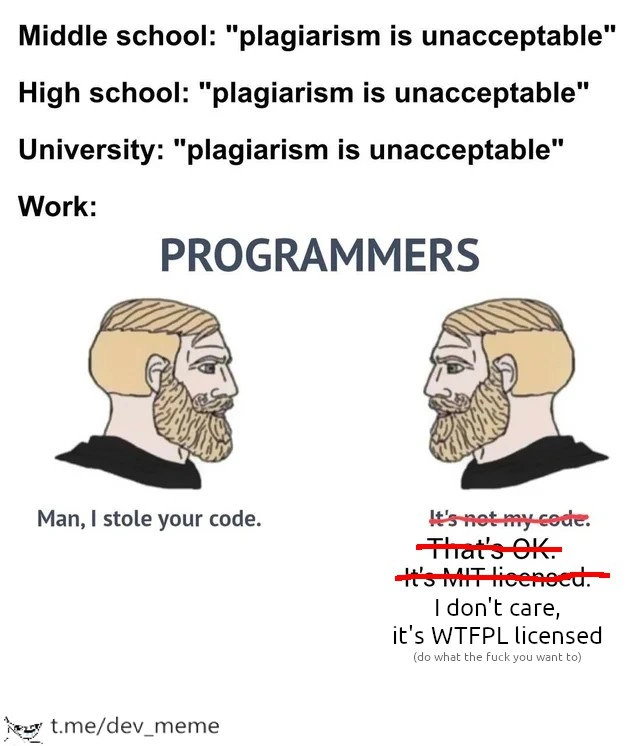 School plagiarism rules vs open-source programmers shrug over MIT/WTFPL code reuse