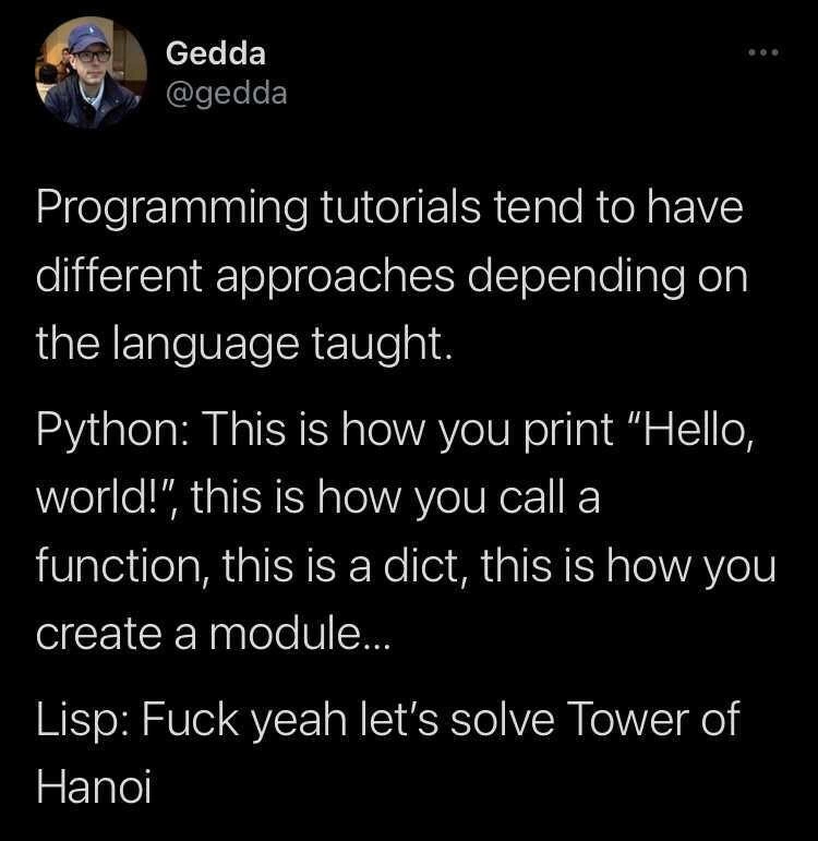 The two schools of programming tutorials: Python vs. Lisp