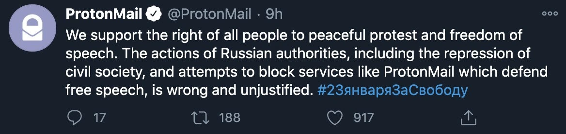 ProtonMail tweet denounces Russian blocking, defends encryption and free speech rights