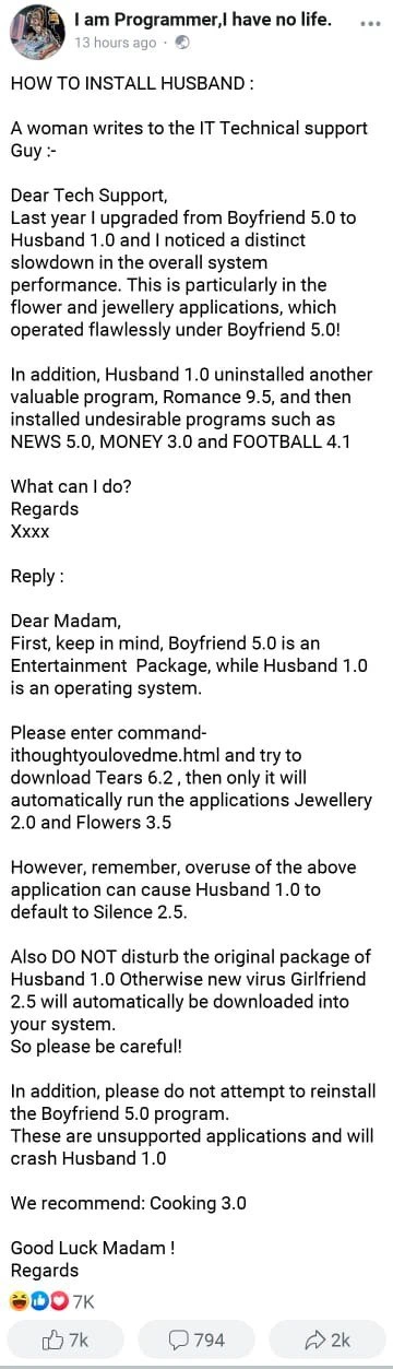 Tech Support for the Husband 1.0 Operating System