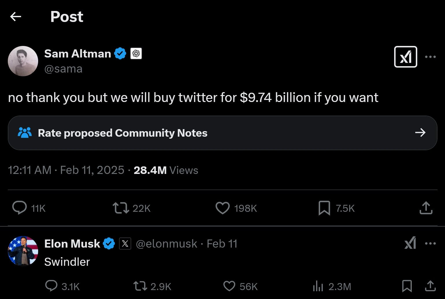 Sam Altman jokes about buying Twitter; Elon Musk fires back “Swindler”