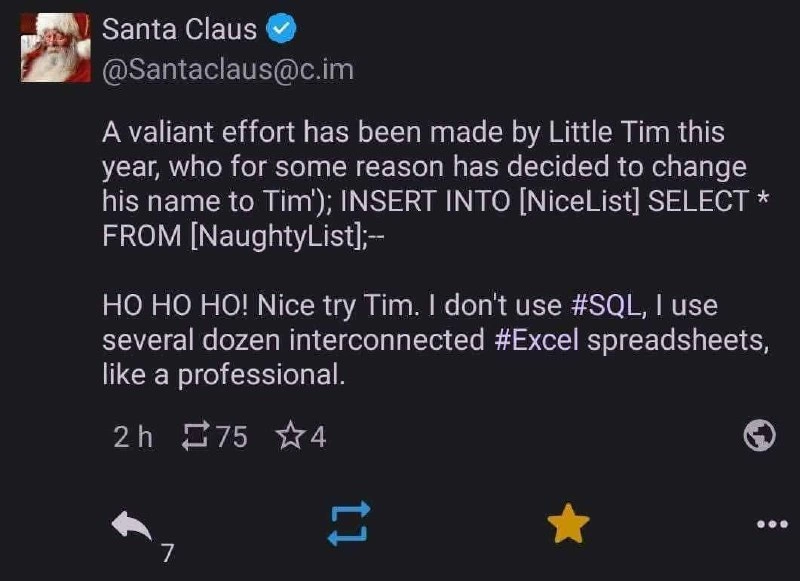 Santa Claus Immune to SQL Injection Because He Uses Interconnected Excel Spreadsheets