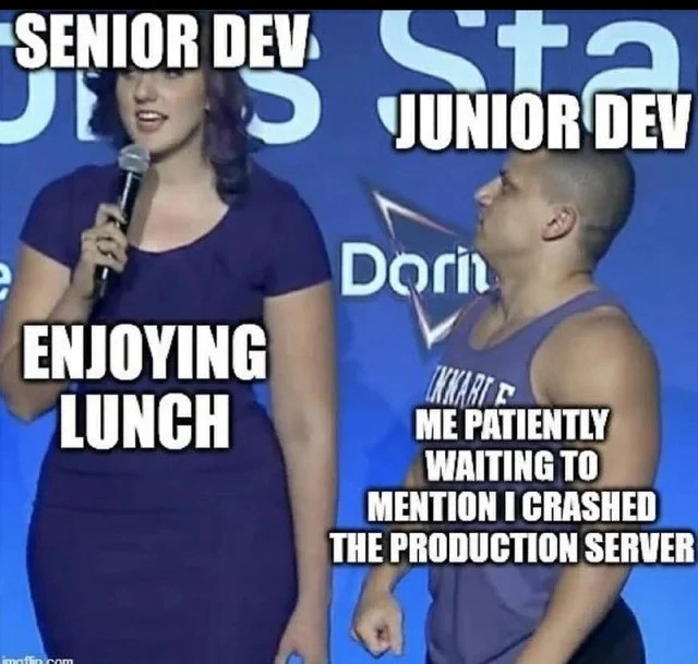 Junior dev sweating while senior dev blissfully enjoys lunch at production crash time