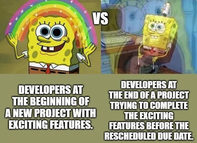 Rainbow optimism to deadline despair: developers at start vs end of projects