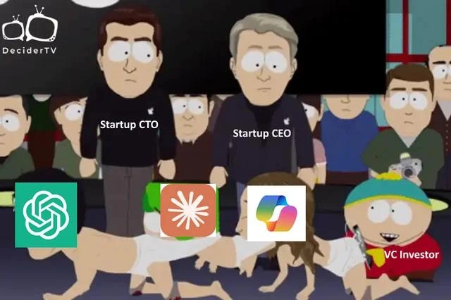 Startup CTO and CEO Showing Off AI Wrapper to VC Investor South Park Style