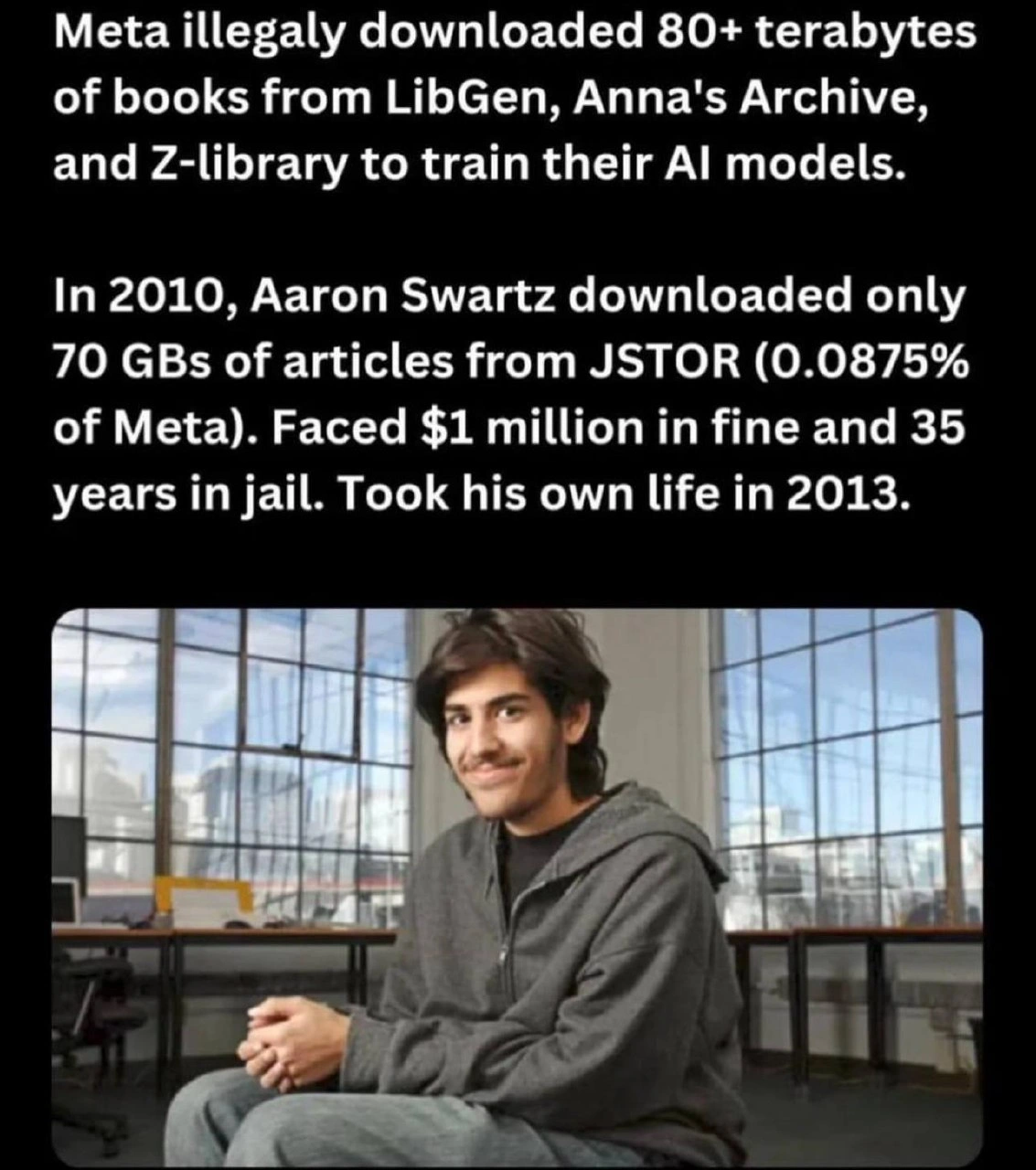 Meta Downloaded 80TB From LibGen While Aaron Swartz Faced Prison for 70GB