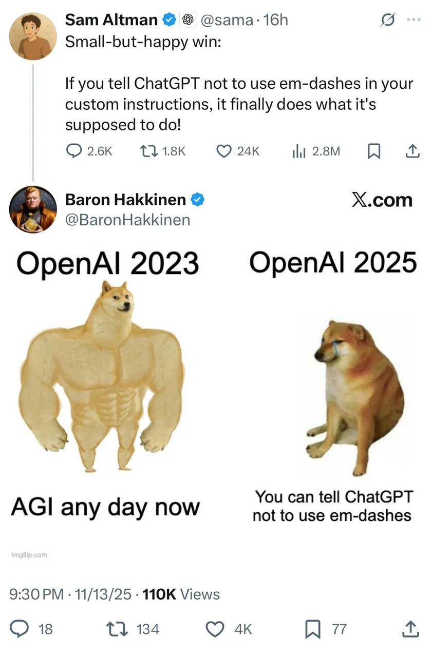 OpenAI's Ambitions Shrink from AGI to Fixing Em-Dashes in Two Years