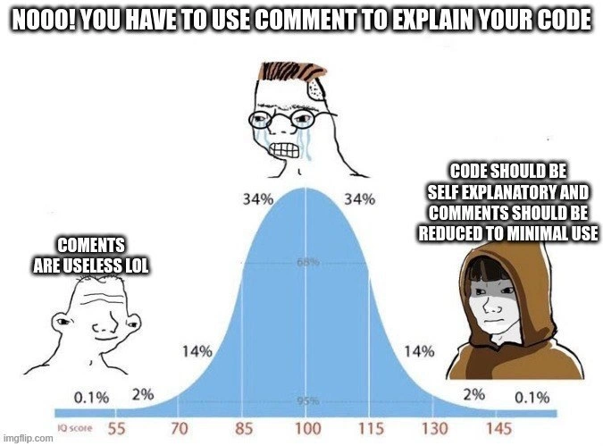 IQ bell curve meme on code comments vs self-explanatory code principles