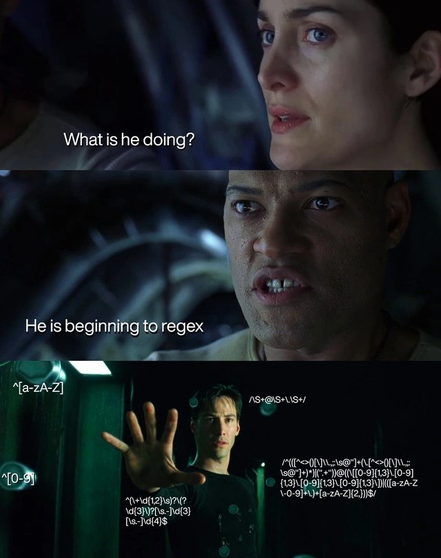 When Neo awakens and starts deflecting bugs with overly complex regular expressions