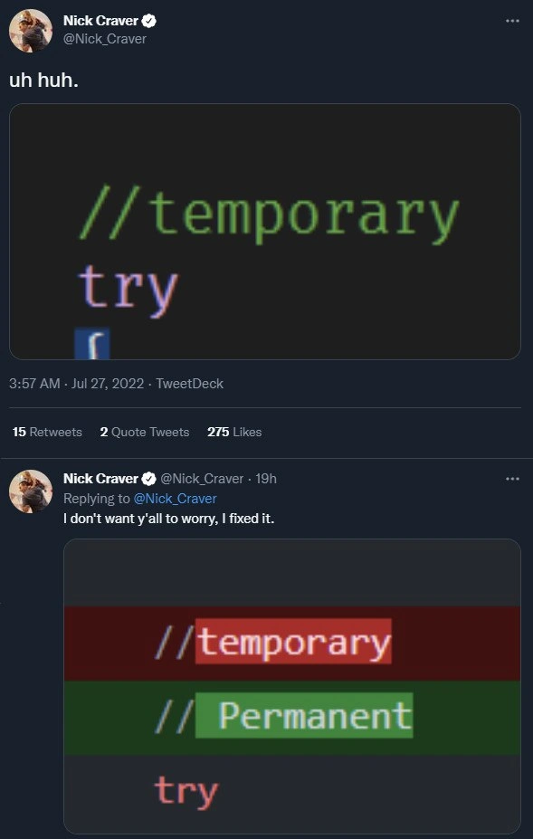 When your 'temporary' comment gets immortalized in the git diff forever