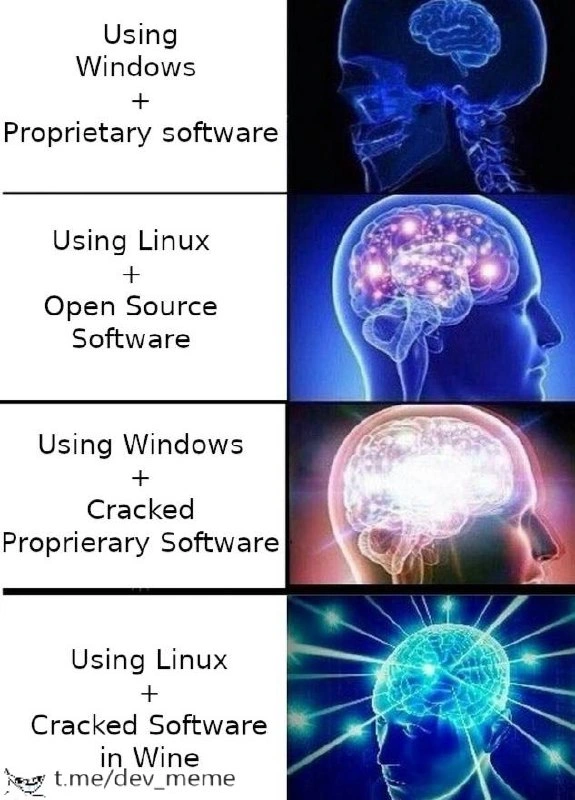 Expanding-brain hierarchy of Windows vs Linux and software licensing choices