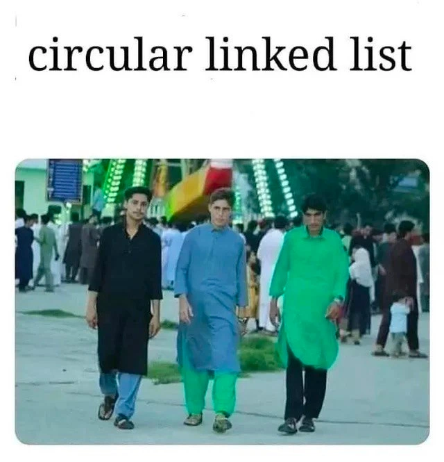 Circular linked list illustrated by color-swapped walking friends photo meme