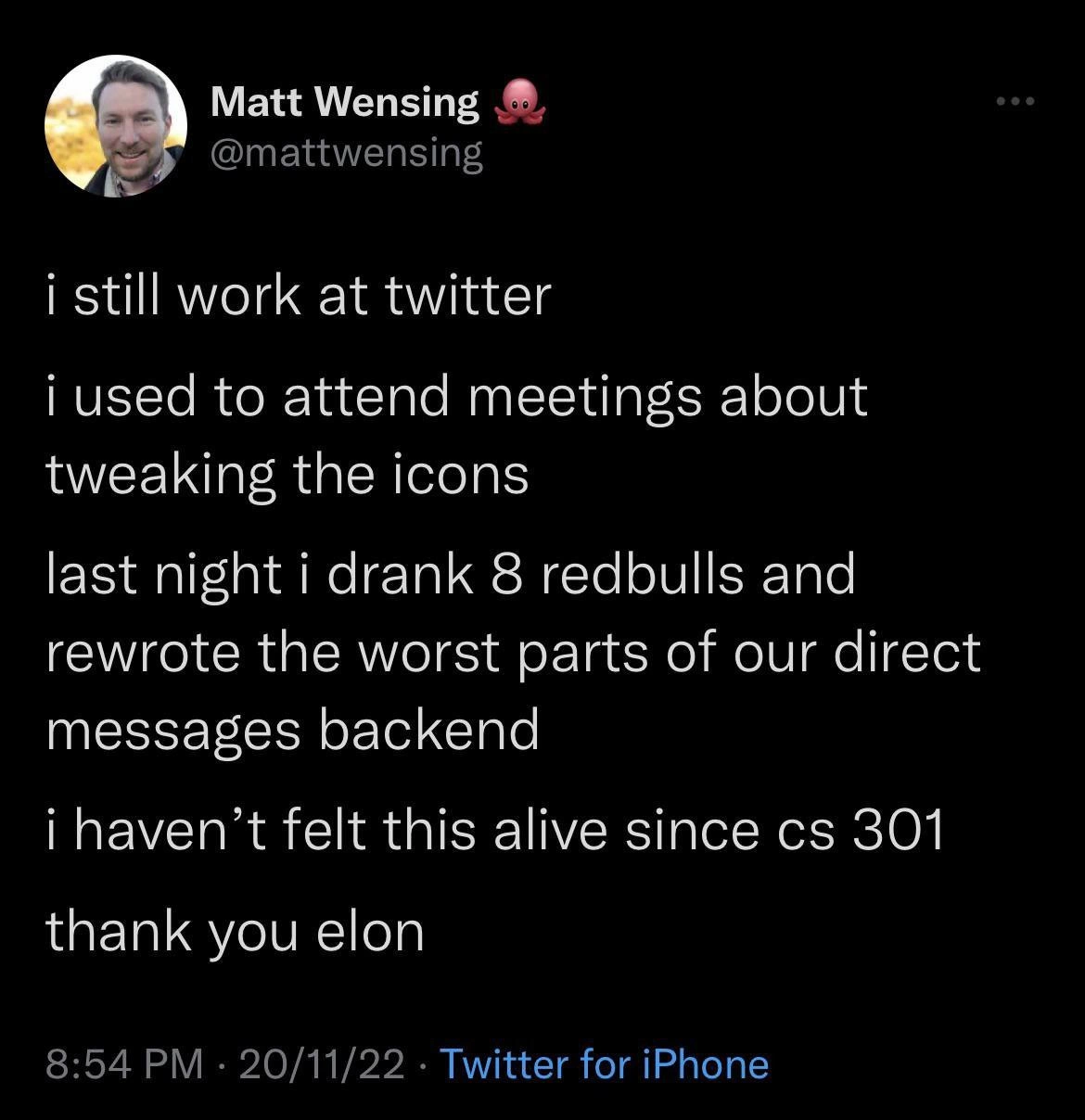 Engineer jokes about overnight backend rewrite after Elon takeover, fueled by Red Bulls