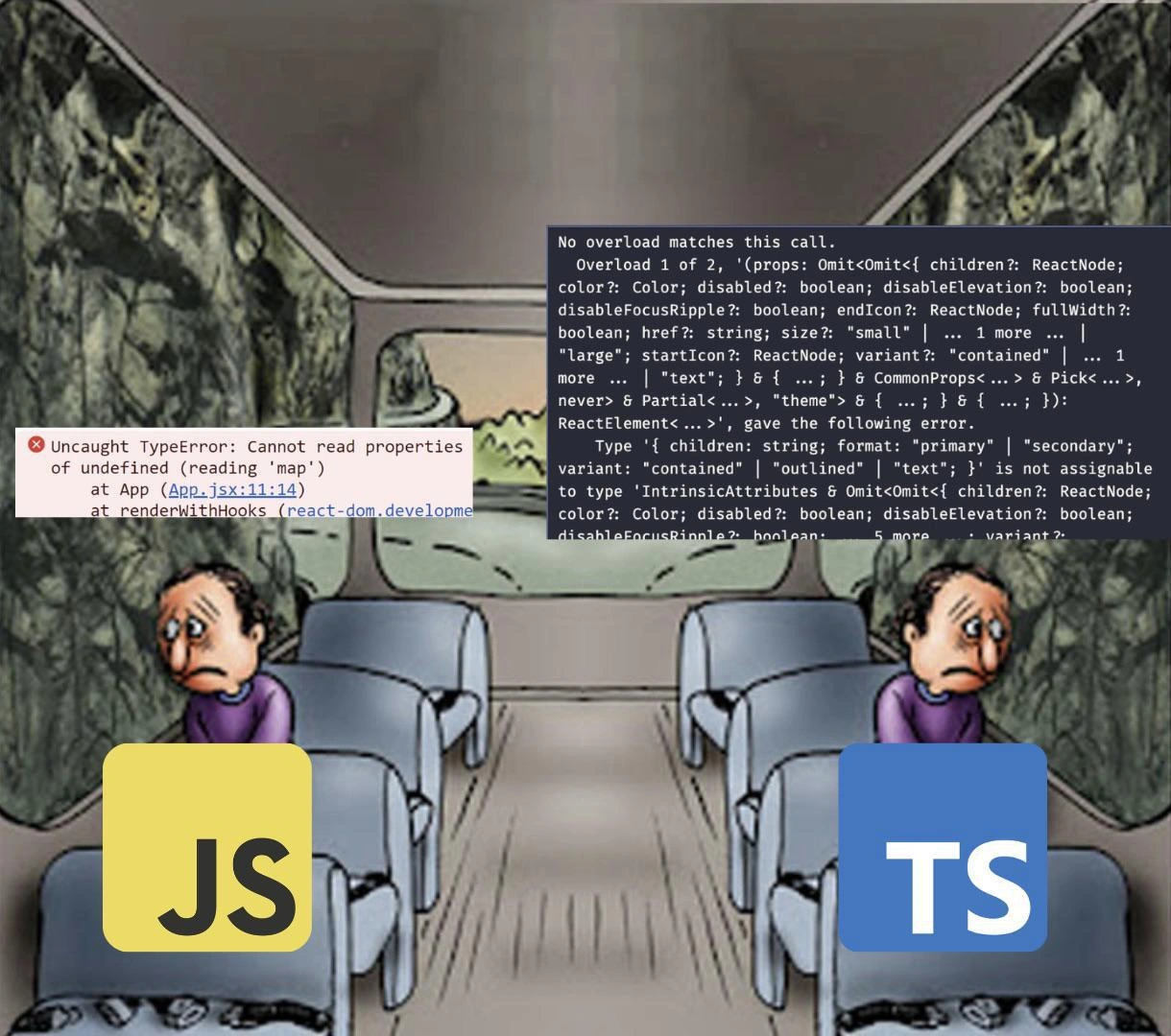 JavaScript vs TypeScript Two Guys on Bus Both Sad Different Error Messages