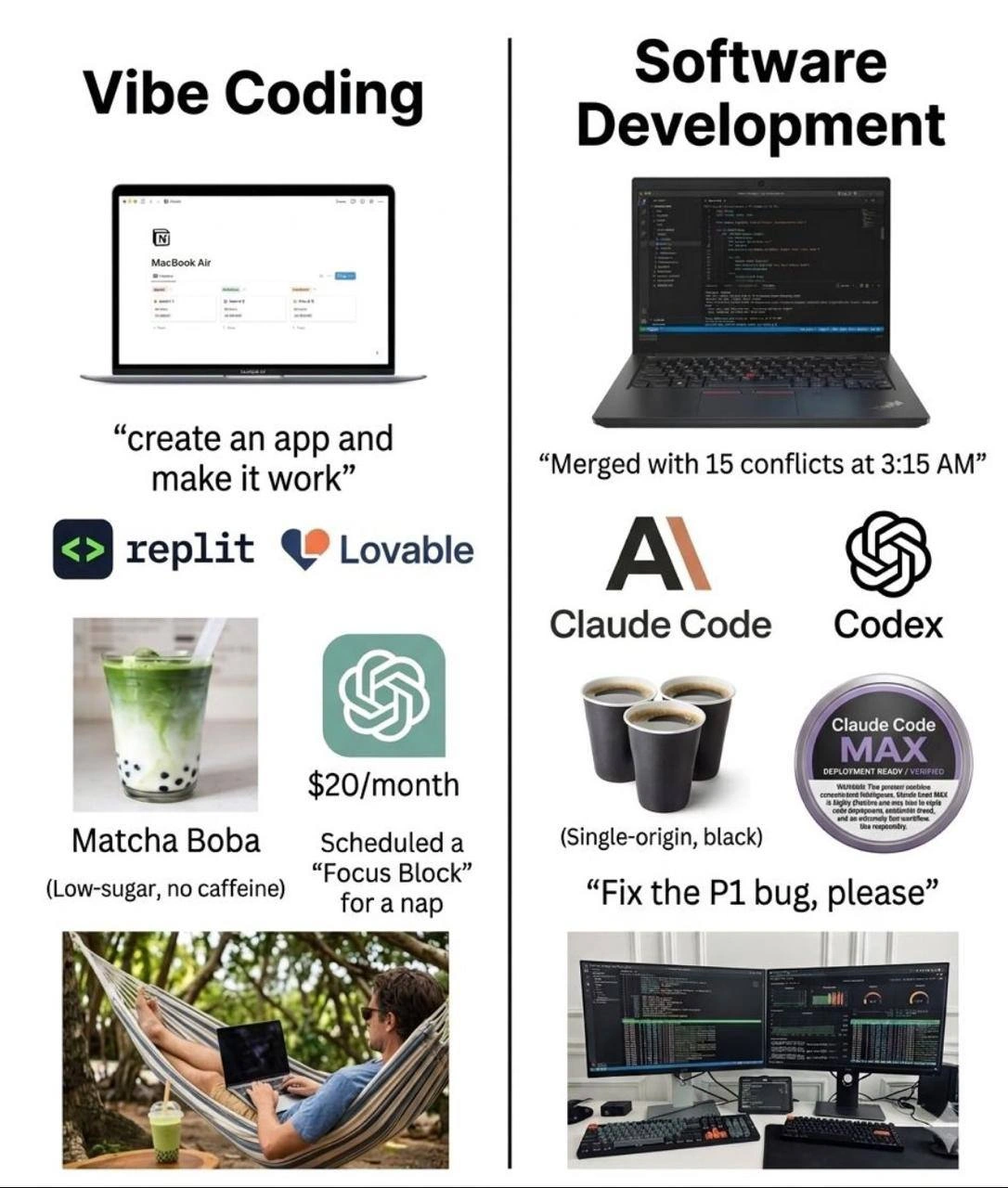 Vibe Coding vs Software Development: Matcha Hammock vs 3 AM Merge Conflicts