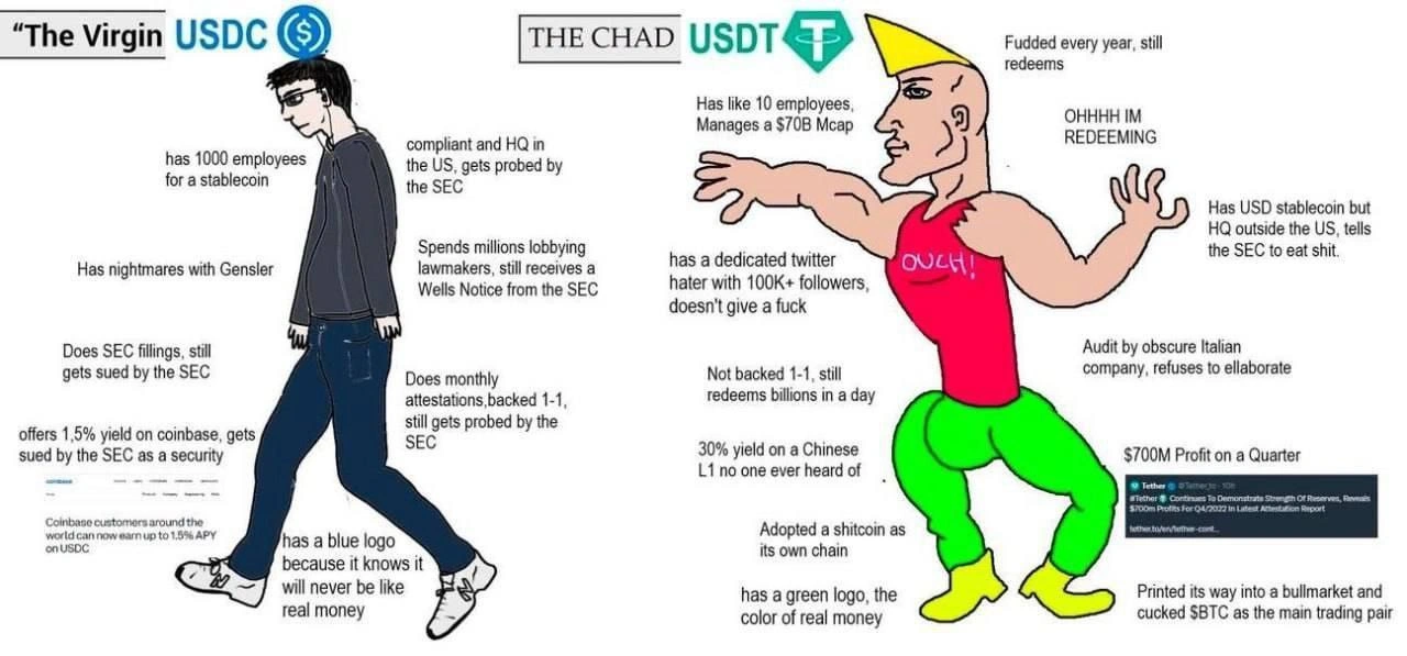 Virgin vs Chad stablecoin meme: USDC compliance angst versus USDT regulatory defiance