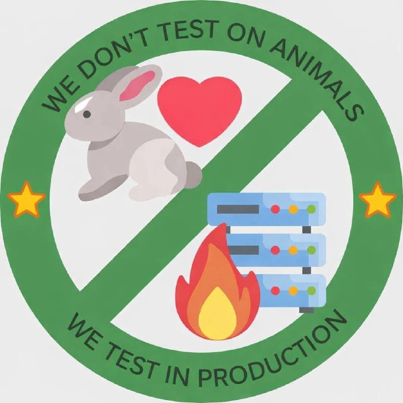 We Don't Test on Animals, We Test in Production Badge