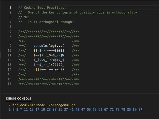 Orthogonality Overkill: Obfuscated JavaScript Rectangle Prints Prime Numbers in Console