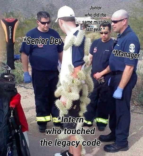 Intern touches legacy code; the team arrives like paramedics to assess damage