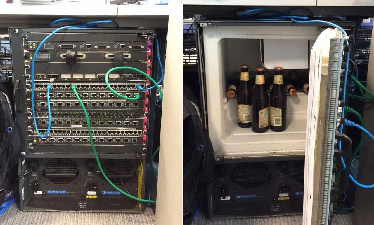 Server Rack with Hidden Mini Fridge Full of Beer Bottles