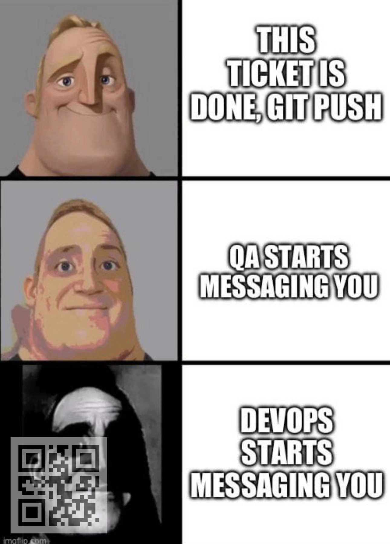 Confidence drops from git push to DevOps ping in Mr. Incredible meme