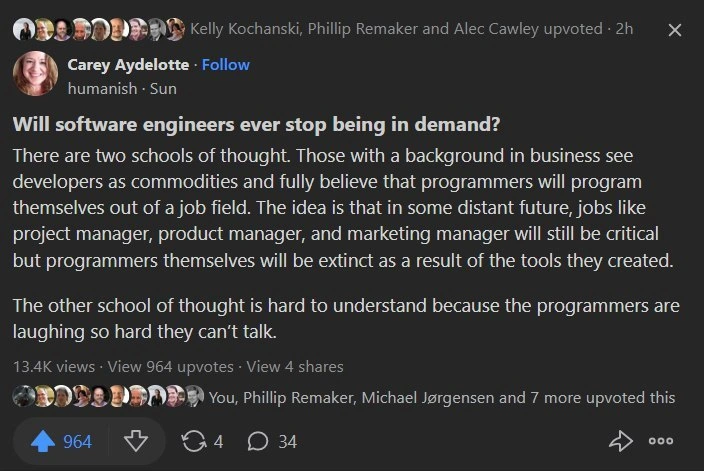 Programmers laugh at idea they'll automate themselves into extinction, LinkedIn post humor
