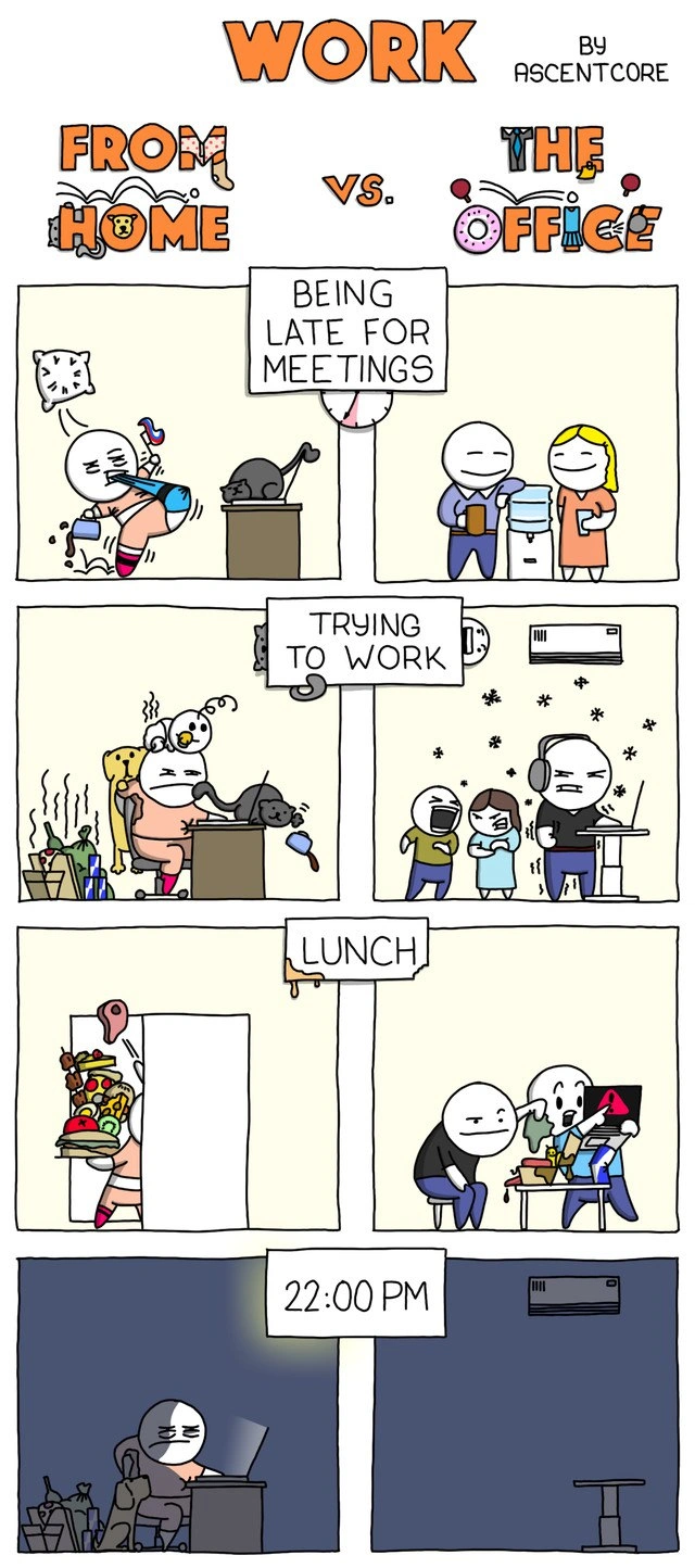 Comic Comparing Remote Work Chaos vs Office Life Across A Typical Day