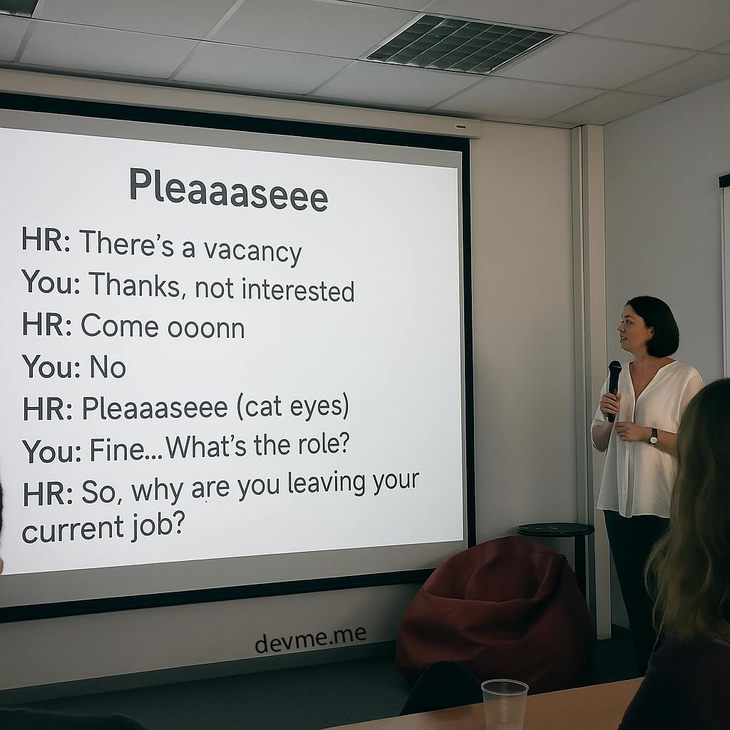 Meme: HR asks why developer wants to leave their job right after convincing them to consider a new role.